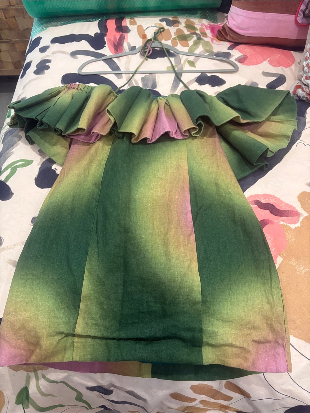 The Wolf Gang Green Pink Ombré Ruffle Halter Mini Dress